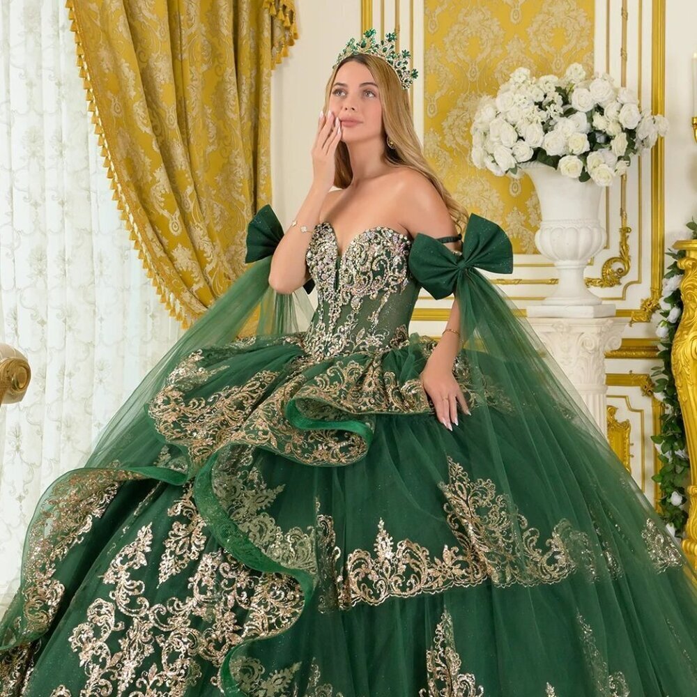 N/A New Off Shoulder Green Quinceanera Gown w/ Jewel Embroidery & Back GL3801